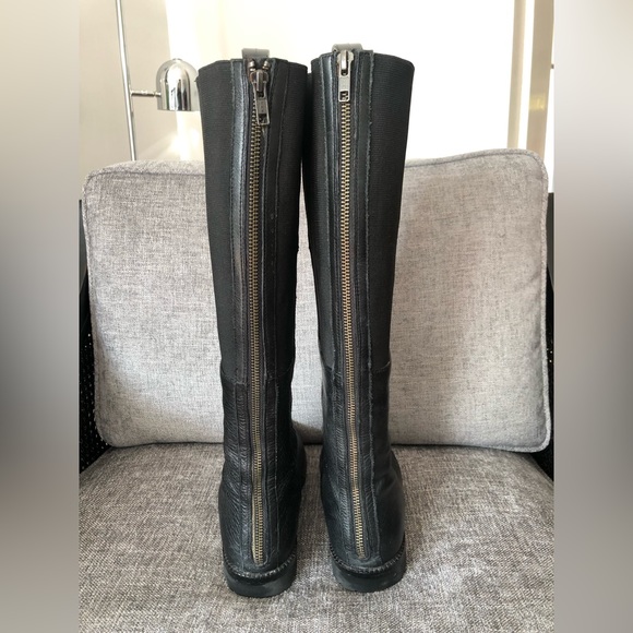 Black leather boots. 6 1/2. Stretch calves. Back zipper. - Picture 2 of 6